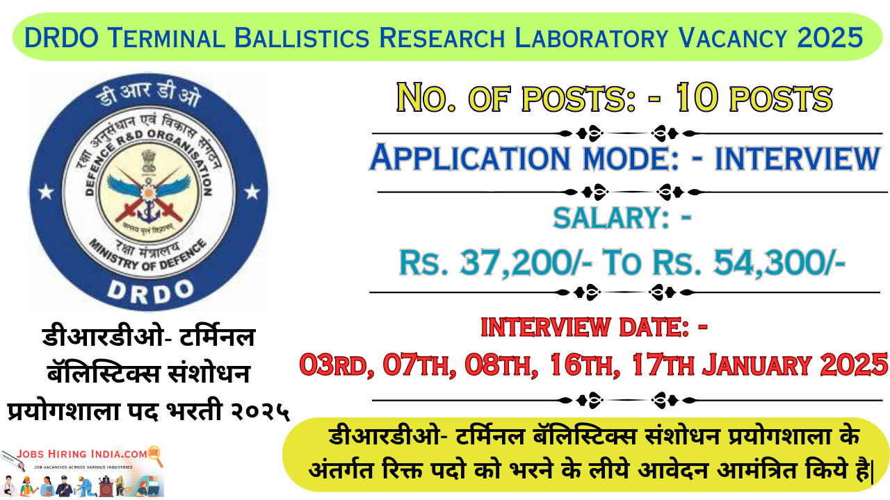 DRDO Terminal Ballistics Research Laboratory Vacancy 2025